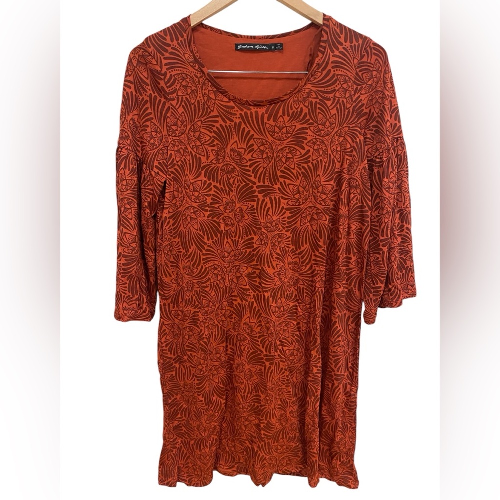 gundrum sjoden Rust Print 3/4 Sleeve Dress Tunic Mesh Stretch Size Small
